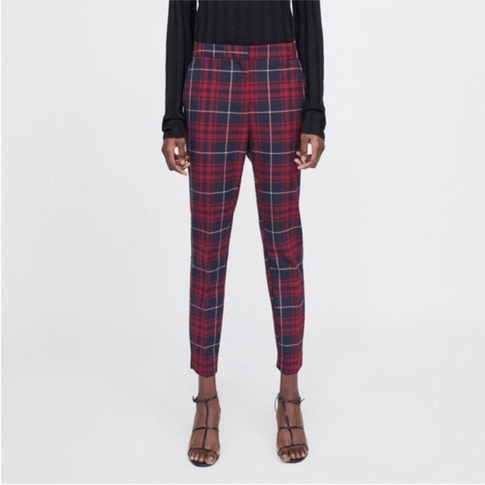 NWOT Zara Basic Red and Navy Plaid Tartan Trousers -Size L